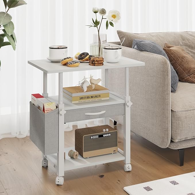 YAOHUOO Large 22"x15" Printer Stand, 3-Tier Height Adjustable with Storage Drawer & Side Bag, Rolling Cart for Heat Press/Laser/3D Printer (White)
