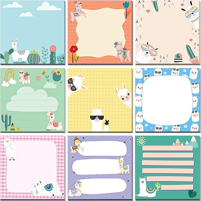 9 Pads Llama Sticky Notes Cartoon Self Stick Notepads 3x3 Inches Notes Adhesive Memo Pad Office Decor Gifts for Students School Teacher Office Meeting