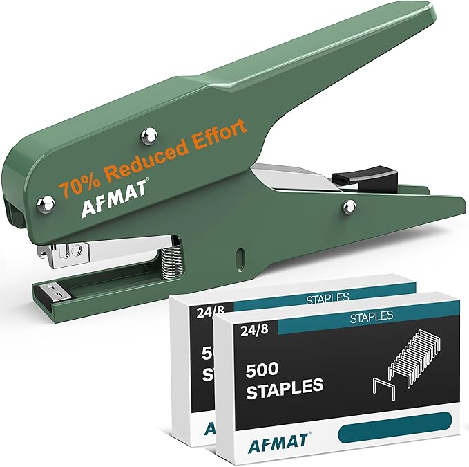 AFMAT Effortless Plier Stapler, Metal 35 Sheet Stapling Plier, 15000+ Stapling Times, with Staples & Reload Button, Handheld Stapler Heavy Duty, Space Save Size, Good for Office, Home, School, Green