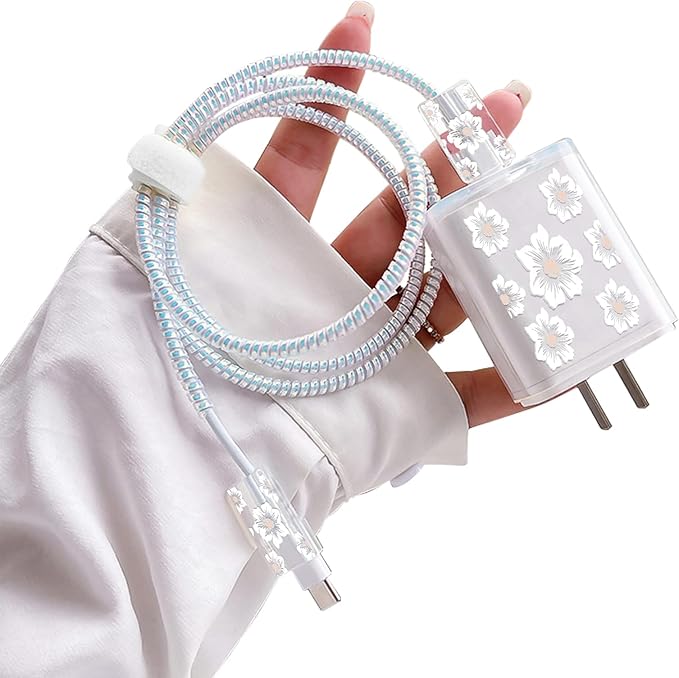 Cute Flowers DIY Protectors Cable Protector for iPhone Charger,Elegant White Camellia Pattern,Data Cable USB Charger Data Line Earphone Wire Saver for iPhone X 13 12 11 Pro Max