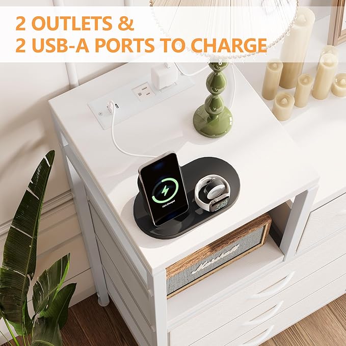 Jojoka 9 Drawer Dresser TV Stand with Charging Station,Modern Entertainment Center for Living Room & Bedroom with Power Outlets, Open Storage Shelves, White