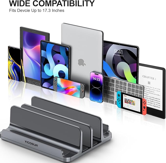 4-Slot Aluminum Vertical Laptop Stand for Desk - Adjustable Width Dock for MacBook, Surface, Samsung, HP, Dell up to 17.3 inches - Space-Saving & Protective Design - Gray