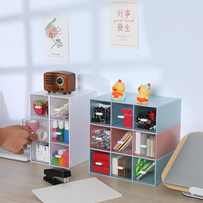 Desktop Drawers, Desk Organizer with 9 Drawers, Stackable Plastic Storage Box for Home Collection, Cosmetics, Office Supplies (3 Tall Layers, Blue)