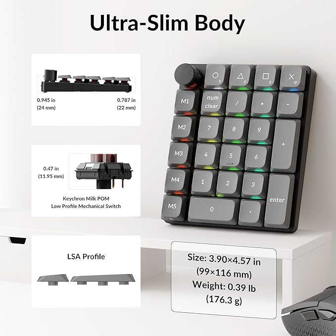 Keychron K0 Max Wireless Low-Profile Number Pad, QMK/VIA Programmable, Hot-Swappable Brown Switch, RGB Backlit, 2.4GHz & Bluetooth 5.3, 1000Hz Polling Rate, with Knob, for Windows/Mac