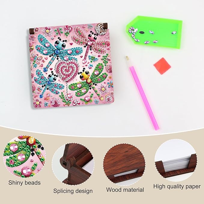 Wooden DIY Dragonfly Diamond Art Notecard Box – DIY Gem Art Sticky Note Holder for Adults 160 Sheets Memo Pad Storage