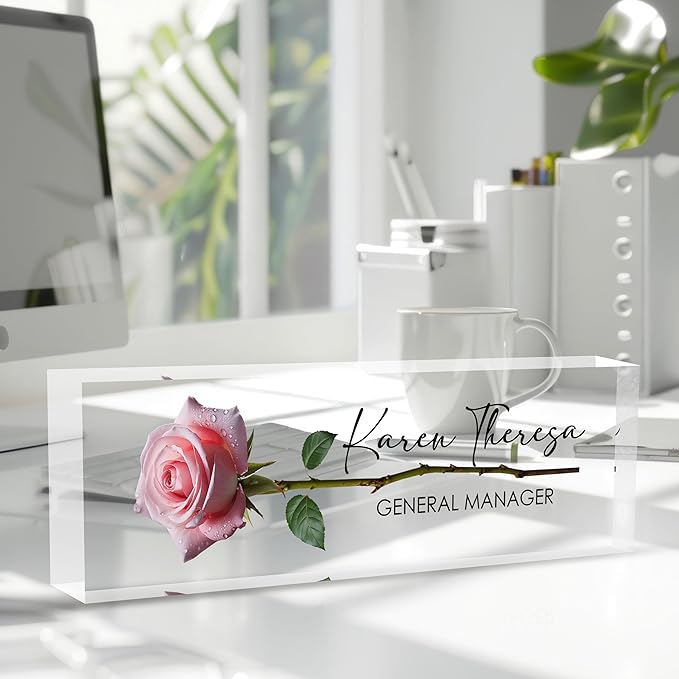 Custom Office Name Plate, Personalized Gifts for Women & Employees, Office Desk Accessory (A Rose)