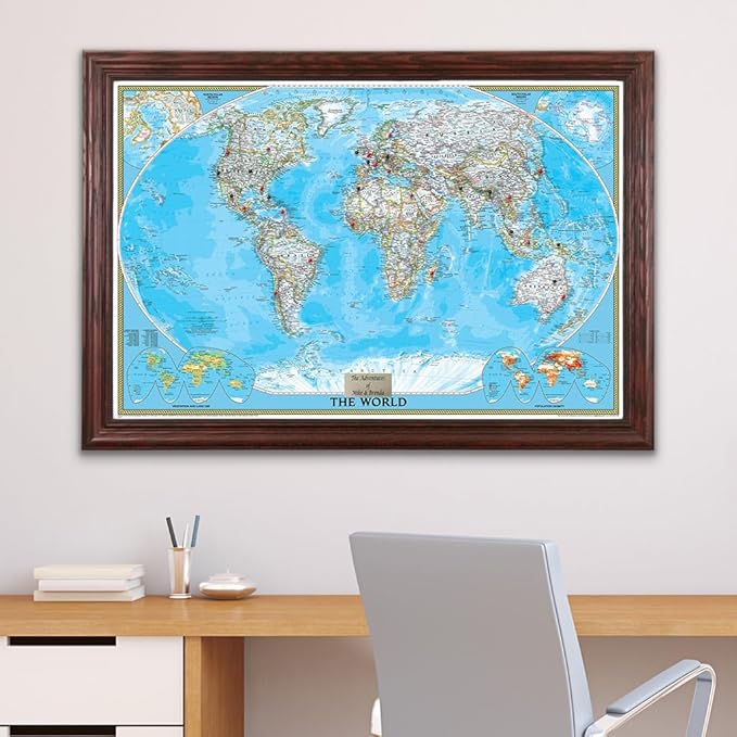 Personalized Classic World Push Pin Travel, Solid Wood Cherry with 100 Pins - 27.5 inches x 3 9.5 inches - Made in USA