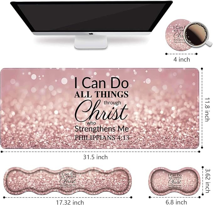Ergonomic Keyboard Wrist Rest & Mouse Pad Wrist Rest Set,Large XXL Gaming Desk Mat 31.5"x 11.8", Non-Slip Base,Memory Foam, Easy Typing Pain Relief for Office & Home,Quote Bible Verse Philippians 4:13
