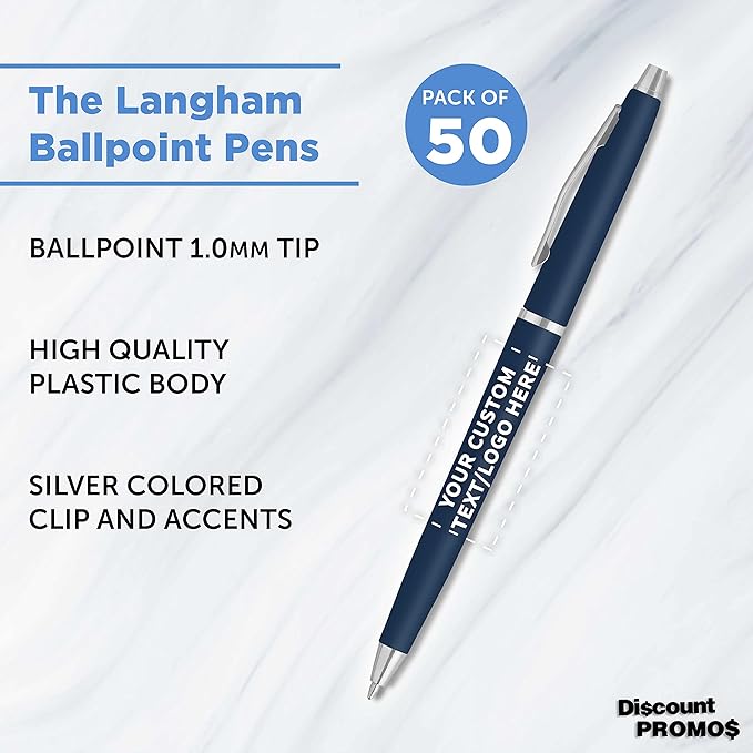 DISCOUNT PROMOS Custom Langham Ballpoint Pens Set of 50, Personalized Bulk Pack - Black Ink, Great for Office, School, Business, Tradeshows - Navy Blue