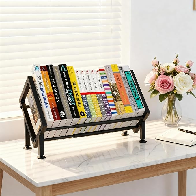 Expandable Desktop Bookshelf Organizer, Metal Office Tabletop Book Storage Rack, Large Tilting Bookcase for Books/CDs/Magazine Display, Desk Shelf for Top of Desk in Living Room, Home, Office (Black)