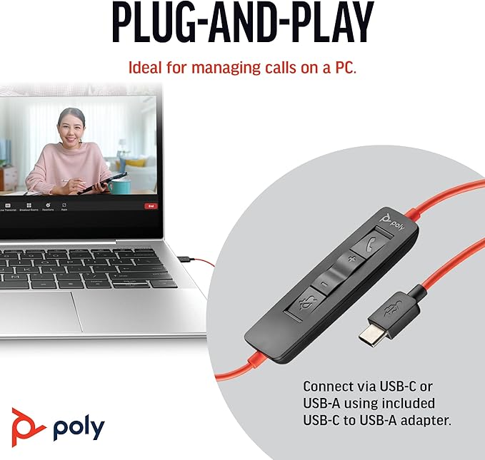 Poly Blackwire 3210 Wired Headset, Noise-Canceling Mic, Single-Ear Design, Connect to PC/Mac via USB-C or USB-A, Works with Teams & Zoom, Amazon Exclusive (9P7X7AA)