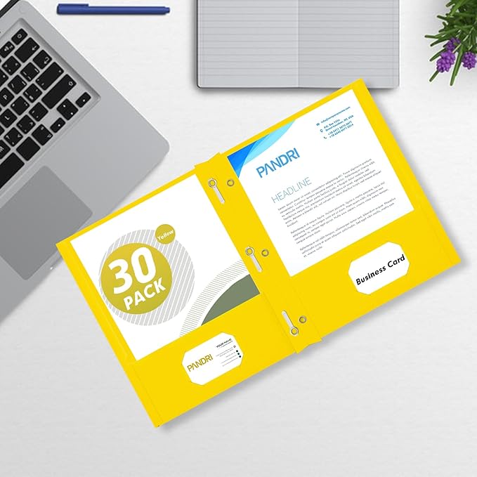 Two Pocket Folders, PANDRI 30 Pack Two Pocket Folders with Prongs, 3 Prong Folders Designed for Office and Classroom, Letter Size Yellow