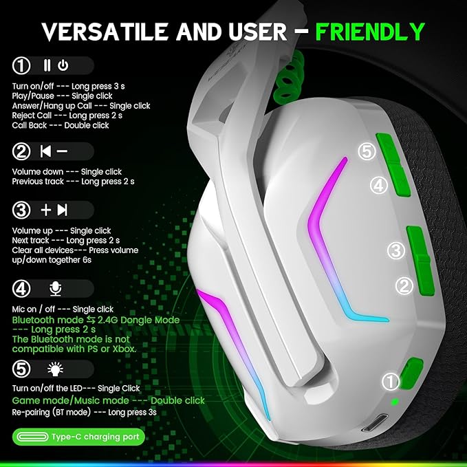 WESEARY Wireless Gaming Headset for Xbox Series X|S, Xbox One, PS5, PS4, PC, Mac, Switch, 2.4GHz + Bluetooth Over-Ear Gaming Headphones with ENC Mic, 3D Stereo, Dynamic LED Lights, 50mm Drivers, 50H
