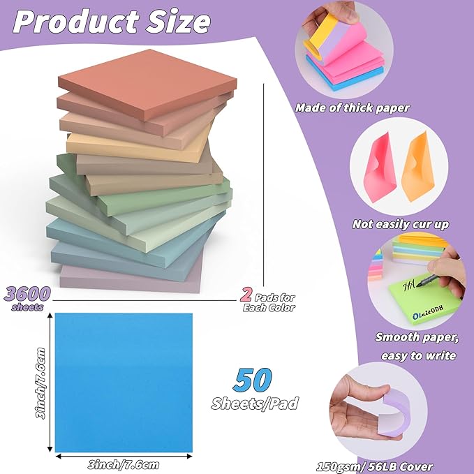 72 Pack Sticky Notes Bulk 3 x 3 in Self-Stick Note Pads Colorful Posted Note in 32 Colors Adhesive Paper Memo 50 Sheets/Pad Easy to Post for Office Home School Meetings Notebook Wall Door Window