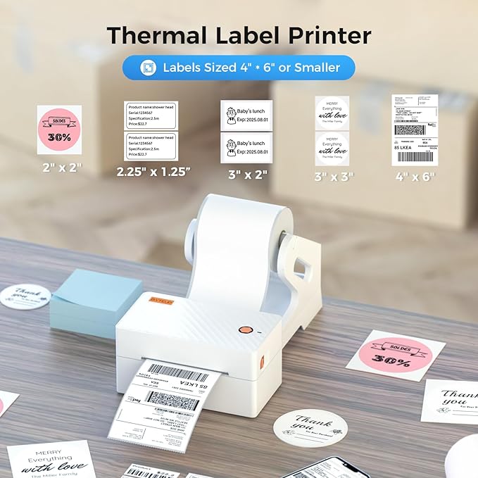 Bluetooth Thermal Shipping Label Printer, Wireless 4x6 Shipping Label Printer for Small Business, Support iOS, Android, Windows and Mac, Compatible with Amazon, Ebay, Shopify, Etsy, USPS.