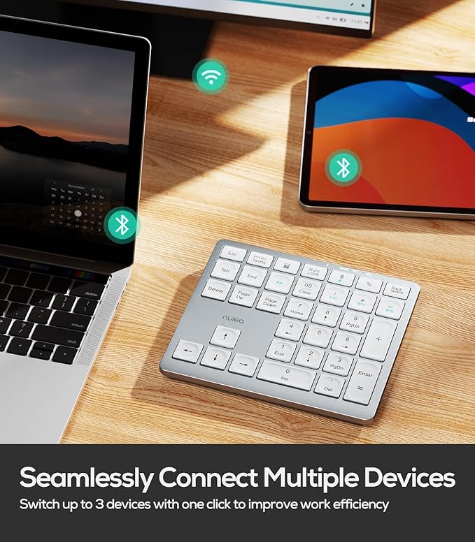 Nulea Wireless Number Pad Bluetooth 5.0 & 2.4G Portable Numeric Keyboard, USB-C Rechargeable, 34-Keys Bluetooth Keyboard for Data Entry (Silvery White)