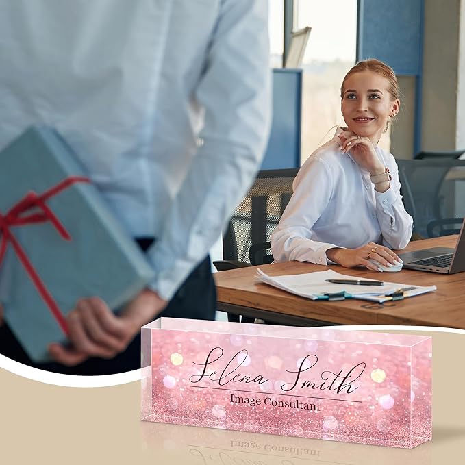 Personalized Name Plate for Desk, Custom Acrylic Desk Name Sign, Office Appreciation Gifts for Women Men Coworkers Boss Teacher Employee (Pink Sequin)