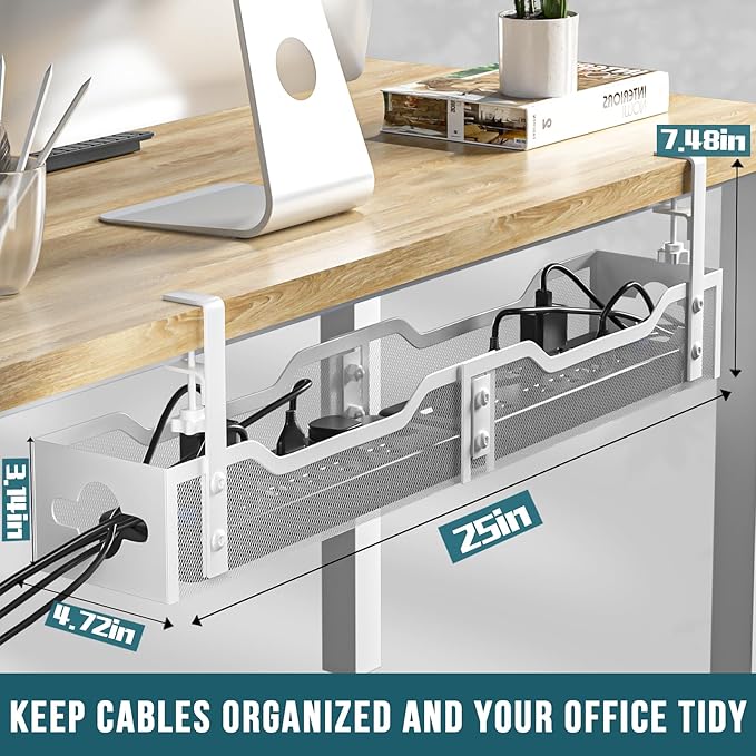 Under Desk Cable Management Tray White, Litwaro Cable Management Under Desk No Drill, 25'' Cable Tray with Clamp for Wire Management, Cord Organizer for Office, Home - No Damage to Table