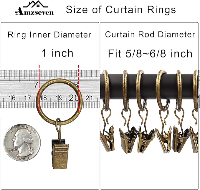 AMZSEVEN 100 Pack Metal Curtain Rings with Clips, Drapery Clips with Rings, Drapes Rings 1 inch Inner Diameter, Fits Diameter 5/8 inch Curtain Rods, Vintage Bronze