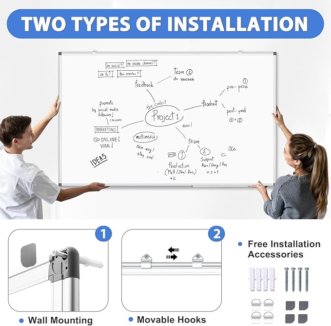 WALGLASS Large Dry Erase White Board for Wall, 72'' x 40'' Double-Sided Magnetic Whiteboard with Aluminium Frame, Hanging & Wall Mount for Home Office School