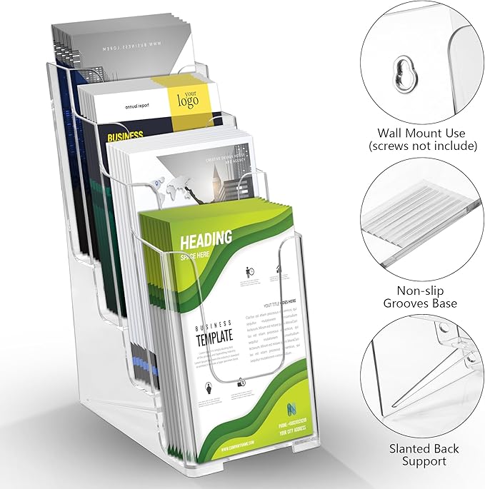 zavekia 2 Pack 4 Tier Acrylic Brochure Holder , 4-Inch Wide Clear Literature Holder Acrylic Pamphlet Holder Brochure Display Stand
