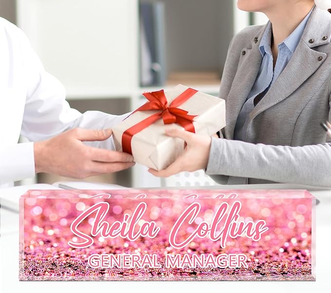 Custom Name Plate for Desk, Employee Appreciation Gifts, Acrylic Desk Name Plate Personalized, Office Decor, Funny Office Gifts for Coworkers Boss Teacher (Pink Glitter)