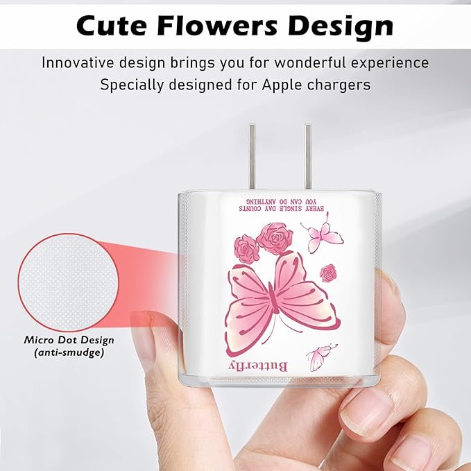 Lovely DIY Cable Protector for iPhone 18W/20W Adapter Charger, Cute Pink Butterfly Design Transparent Data Line Cable Saver Phone Charging Protector for Apple Charger Case