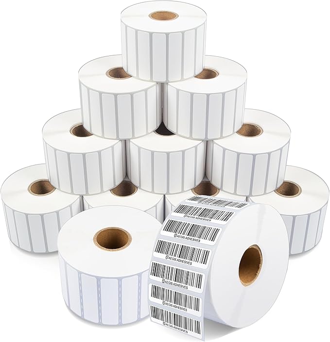 Aegis Adhesives - 2” X ½” Direct Thermal Labels for Barcodes, Return Address, File Folders, Perforated & with Compatible with Rollo, Zebra, & Other Desktop Label Printers (12 Rolls, 2400/Roll)