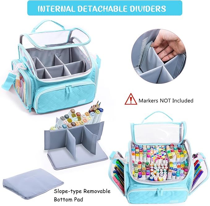 Large Marker Organizer Case Holds 150-200 Markers | Art Marker Storage Bag with Removable Dividers & Clear Top for Artists, Crafters & Travel - Pen, Pencil Alcohol Marker Holder - Art Supply