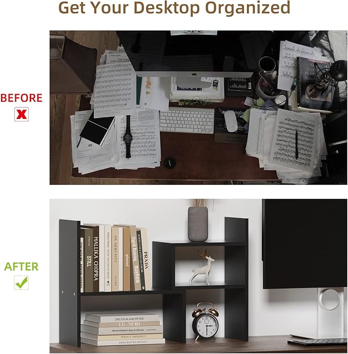 TY ARTS & CULTURE - Expandable Wood Desktop Storage Organizer Multipurpose Desk Bookshelf Case Display Shelf Rack Counter Top Bookcase for Office Home | Black