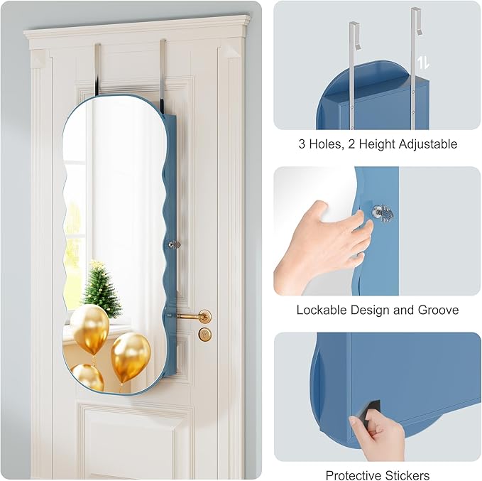 HNEBC LED Mirror Jewelry Cabinet,Wall or Door Mounted Jewelry Armoire Organizer with Lights,Lockable Wide Wavy Mirror with Storage,42.5" L Full Length Mirror with Jewelry Storage,Interior Mirror