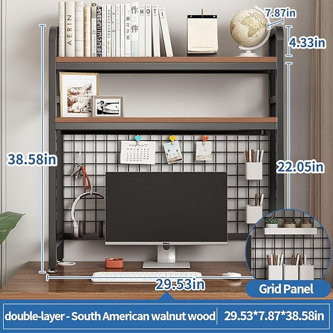 Desk Shelf Bookcase 2-Tier Metal Desktop Bookshelf Hutch with Grid Panel and DIY design possible Multipurpose Storage Organizer Display Rack for Dorm Office Home Computer Desk(Black 29.5"×7.9"×38.6")