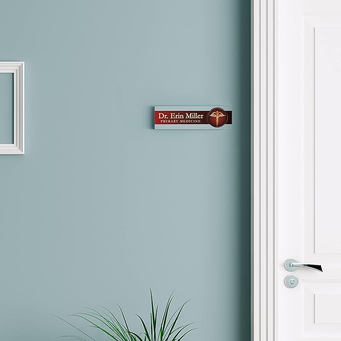 Artblox Personalized Office Desk Name Plate and Business Card Holder | Clear Acrylic Glass with Teak Wood Stand | Doctor Design Customized with Your Name and Credentials Office Desk Decor