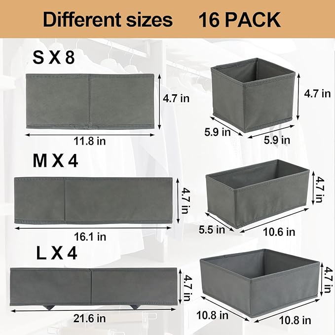 16 Pack Drawer Organizer Clothes, Foldable Fabric Dresser Organizer Closet Organizers and Storage Box for Underwear,Folded Clothes,Baby Clothing,Socks,Bra,Towels,Ties(Gray)