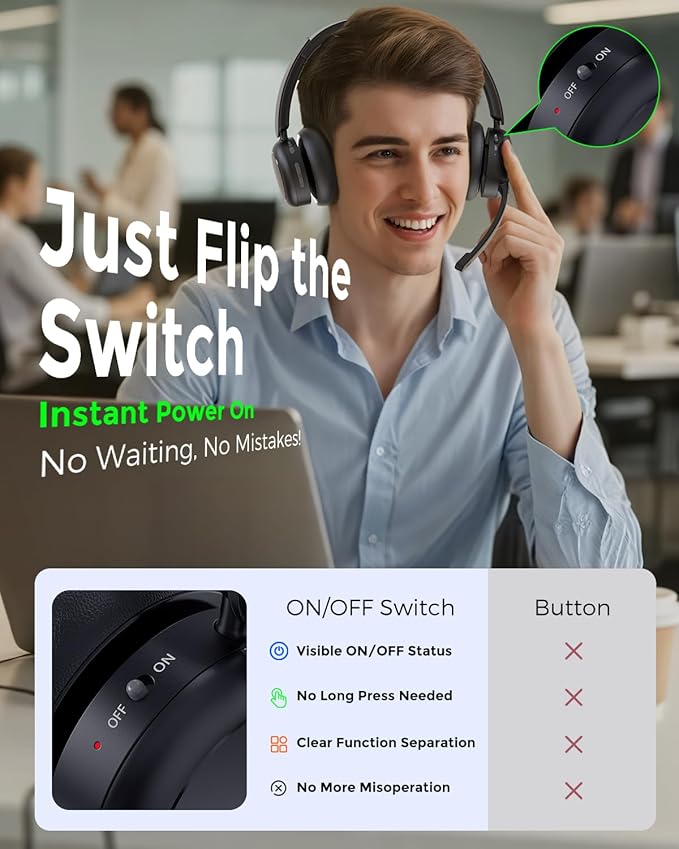 Bluetooth Headset, Wireless Headset with Mic for Work, Qualcomm Chipeset Dongle, V5.4 Headsets with Microphone for Work, Wireless Noise Cancelling Headphones Busy/Mute Light for PC Computer Office WFH
