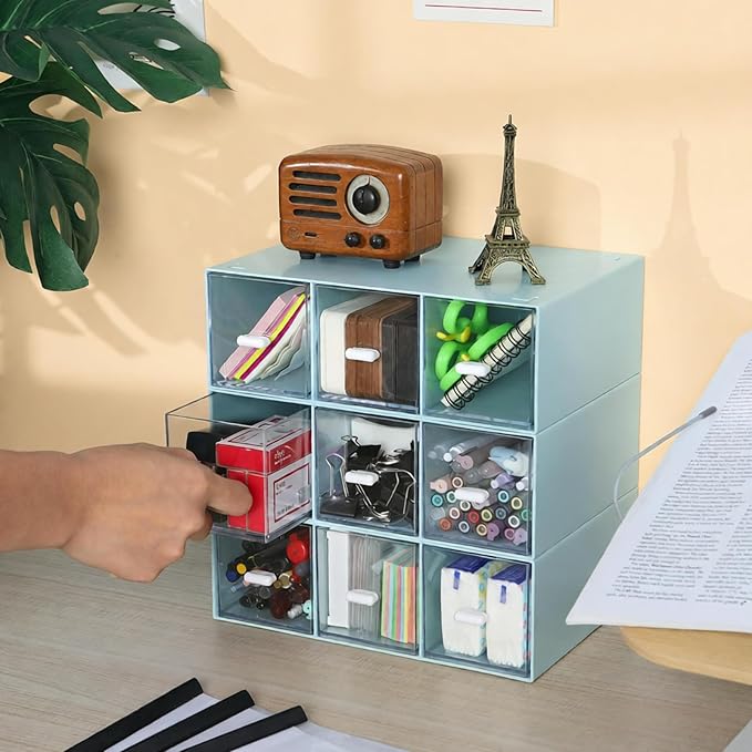 Desktop Drawers, Desk Organizer with 9 Drawers, Stackable Plastic Storage Box for Home Collection, Cosmetics, Office Supplies (3 Tall Layers, Blue)