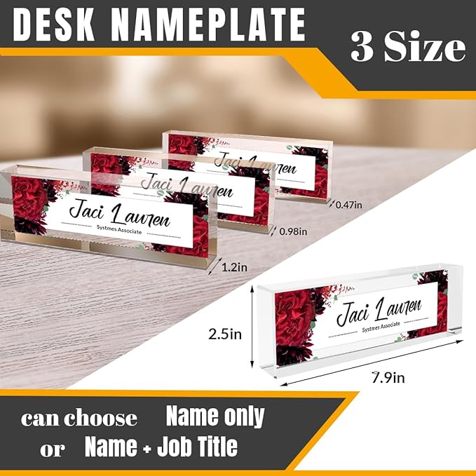 Custom Name Plates for Desks, Desk Decor, Personalized Desk Gifts, Office Desk Name Plate Personalized, Name Tags, Desk Accessories for Men or Women, Acrylic Name Plate for Desk(Red Rose) 731