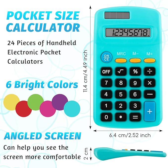 Weewooday 24 Pieces Pocket Size Calculator 8 Digit Basic Solar Battery Dual Power Mini Calculator for Desktop Home Office School Students Kids, 6 Colors