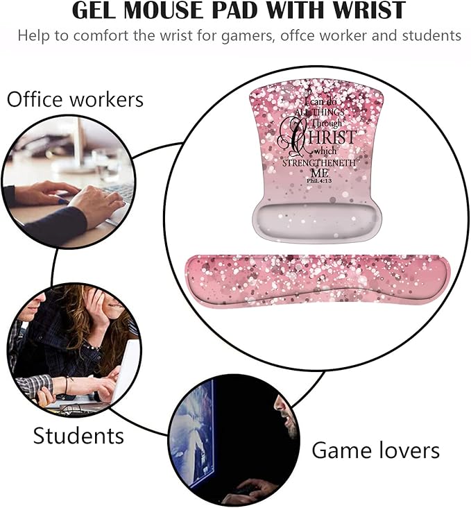 Keyboard Wrist Rest and Mouse Pad Wrist Support Set with Coasters, Non-Slip PU Base Ergonomic Gaming Mousepad for Home Office Working Studying Easy Typing & Pain Relief, Bible Verse Phil 4-13