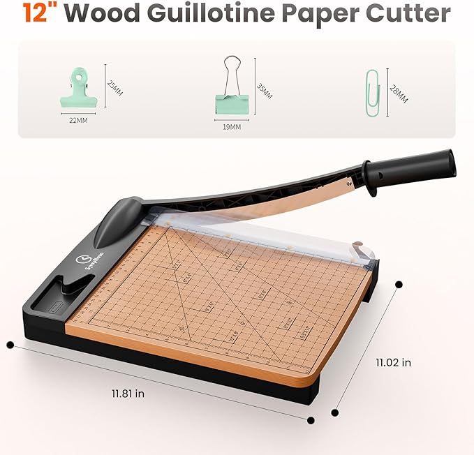 12 Inch Heavy Duty Paper Cutter, Wood Guillotine Paper Cutter & Trimmer, 12-16 Sheets Capacity Cutting Board for Classroom, Crafting, Cardstock Black (Black)