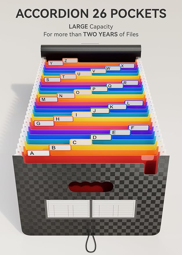 ABC life 26 Pockets File Organizer, Expanding File Folder A4 Letter Size, Portable Monthly Paper Bill Tax Receipt Organizer, Document Holder with Labels - Checkered Pattern