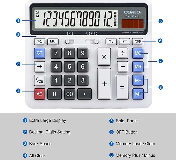 Desktop Calculator, Extra Large LCD Display Computer Button 12 Digits Accounting Calculator (OS-2135 Pro-2Pcs)