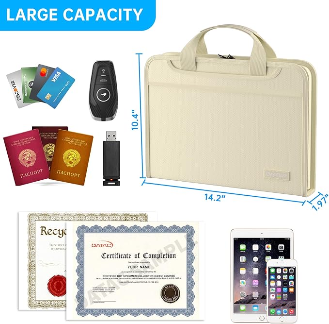 ENGPOW Accordion File Organizer,Fireproof Expanding File Folder with Multi Pockets,13 Pockets Document Organizer Bag with Handle & Labels,Portable Home Travel Safe Storage for Letter A4 Files,Beige