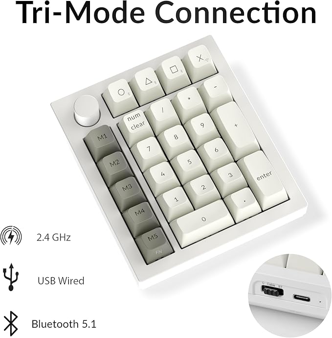 Keychron Q0 Max Wireless Custom Mechanical Numpad, 2.4 GHz/Bluetooth 5.1/Wired QMK Number Pad, RGB Hot-Swappable with Gateron Red Switch for Laptop Mac Windows Linux - White