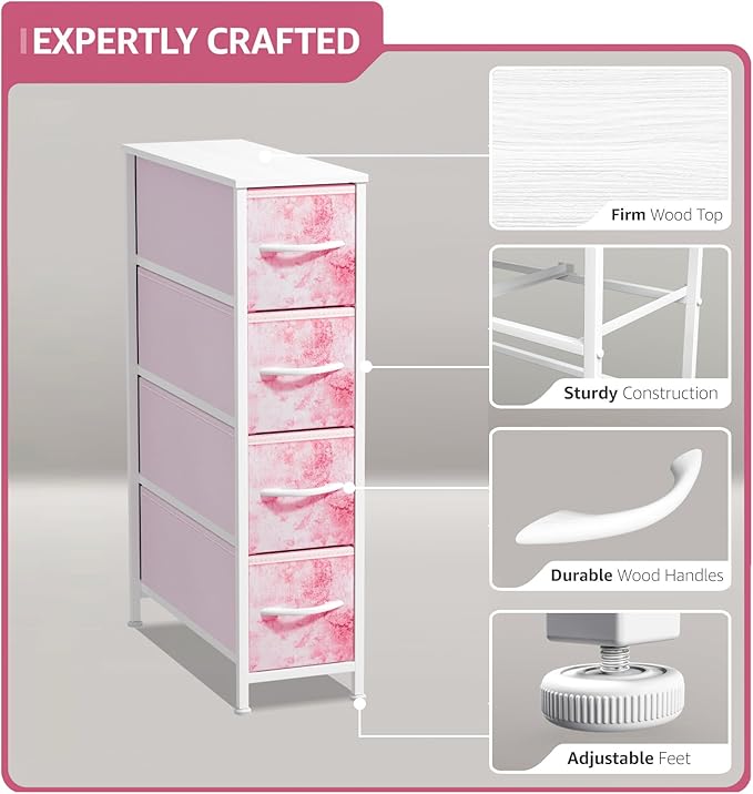 Sorbus Kids Narrow Dresser with 4 Drawers - Vertical Slim Storage Chest of Drawers with Steel Frame, Wood Top & Easy Pull Fabric Bins for Small Spaces, Closets, Bedroom, Bathroom & Laundry