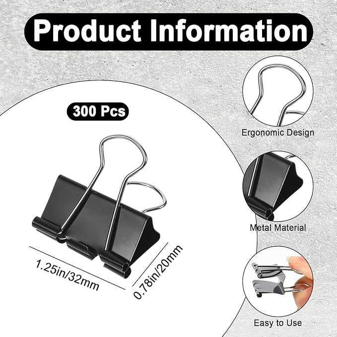 300 Pcs Binder Clips Medium, Clips Office Supplies, Black Paper Clamps for Teachers, Students, School, Office and Home Supplies Organization