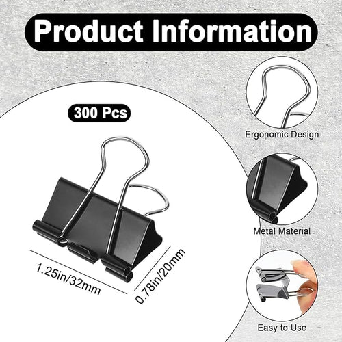 300 Pcs Binder Clips Medium, Clips Office Supplies, Black Paper Clamps for Teachers, Students, School, Office and Home Supplies Organization