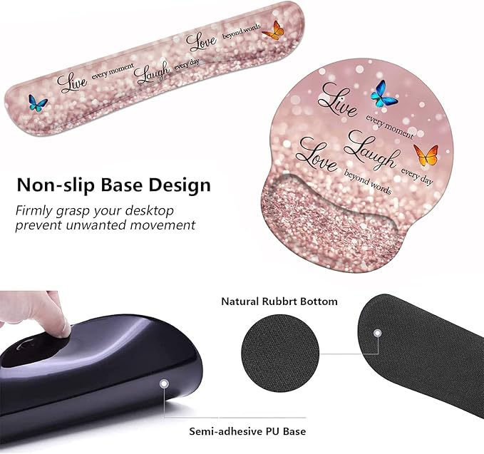 Keyboard Wrist Rest and Mouse Pad Wrist Support Set with Coasters, Non-Slip PU Base Ergonomic Gaming Mousepad for Home Office Working Studying Easy Typing & Pain Relief, Glitter Quote Live Laugh Love