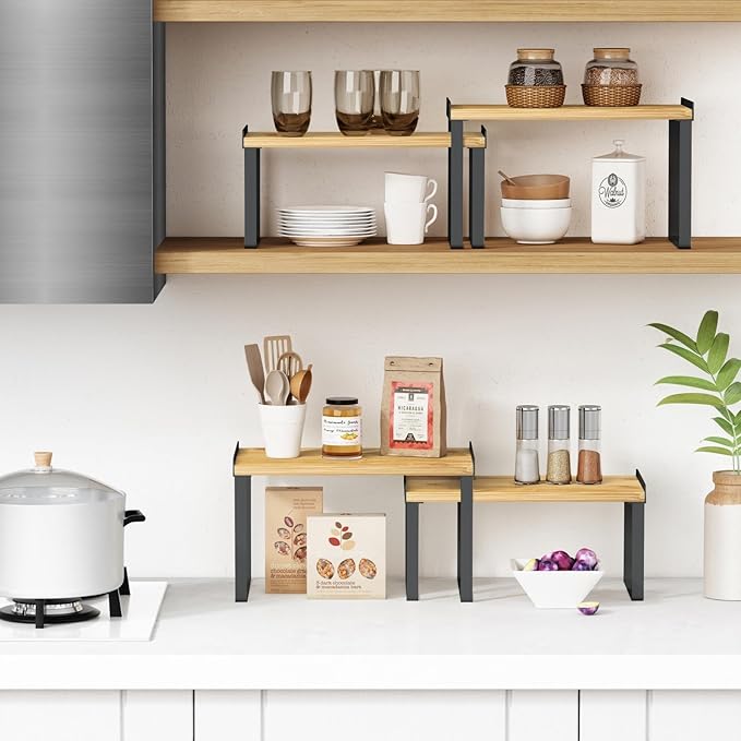 Kitchen Cabinet Organizer Shelf Set of 4, Pantry Organizers and Storage Shelves for Plates Dishes Cups Mugs, Cupboard Counter Cabinet Shelf Riser for Countertop (Bamboo Wood and Black Metal)