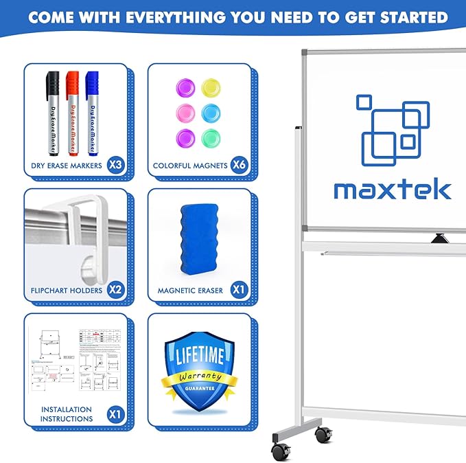 Maxtek Rolling White Board on Wheels 48x32 inch Double Side Magnetic Dry Erase Board with Stand, Aluminum Frame Easel Mobile Standing Whiteboard for Office, Classroom & Home